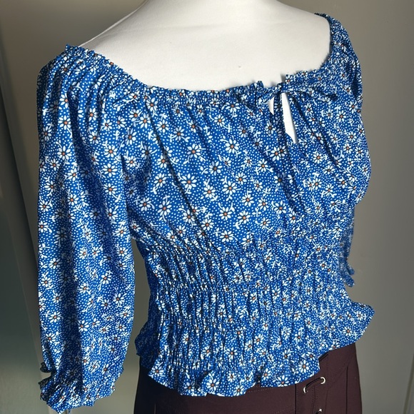 New Vigoss Women’s Smocked Drop Off the Shoulder Floral 3/4 Sleeve Peasant Top - Picture 2 of 12